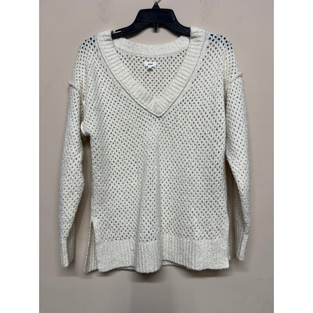 Aerie‎ Cream Open Knit V-Neck Sweater XS Cozy Lightweight Textured Casual